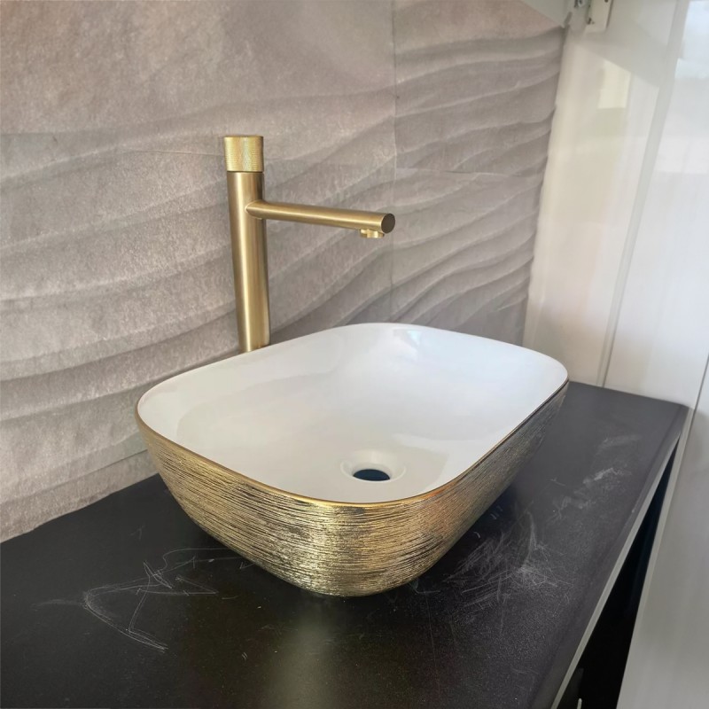 Un baño con lavabo blanco y grifo dorado.